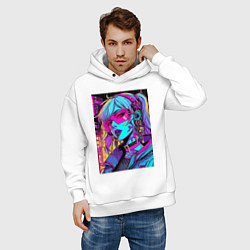Толстовка оверсайз мужская Кибер девчонка в розовых очках - нейроарт, цвет: белый — фото 2
