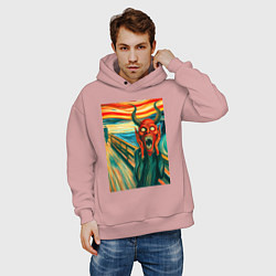 Толстовка оверсайз мужская Демон кричит на картине Эдварда Мунка - мем искусс, цвет: пыльно-розовый — фото 2