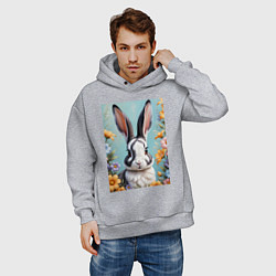 Толстовка оверсайз мужская Кролик в цветах, цвет: меланж — фото 2