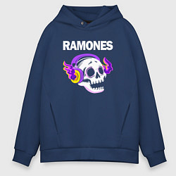 Толстовка оверсайз мужская Ramones - неоновый череп, цвет: тёмно-синий