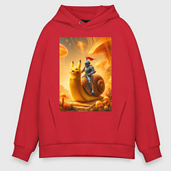 Толстовка оверсайз мужская Рыцарь едет на улитке покемоне - сюрреализм, цвет: красный