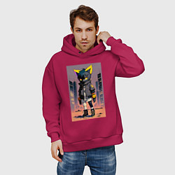 Толстовка оверсайз мужская Уличный котёнок хулиган - нейроарт, цвет: маджента — фото 2