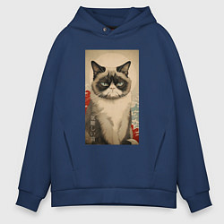Толстовка оверсайз мужская Мемный кот - японский стиль, цвет: тёмно-синий