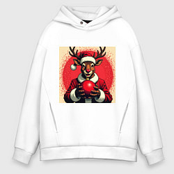 Толстовка оверсайз мужская Рождественский олень Рудольф в шапке Санты, цвет: белый