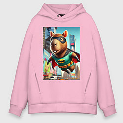Толстовка оверсайз мужская Бэткапи летит над улицей Нью-Йорка, цвет: светло-розовый