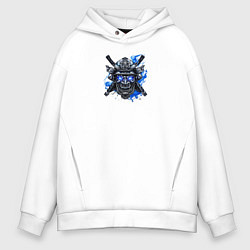Толстовка оверсайз мужская Маска самурая с синим пламенем, цвет: белый