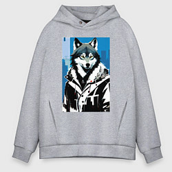 Толстовка оверсайз мужская Волк в мегаполисе - нейроарт, цвет: меланж
