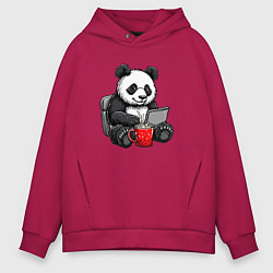 Толстовка оверсайз мужская Панда с кофе за ноутбуком, цвет: маджента