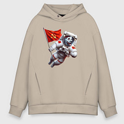 Толстовка оверсайз мужская Далматинец космонавт с красным флагом СССР, цвет: миндальный