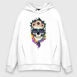 Толстовка оверсайз мужская The skull in flowers, цвет: белый