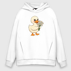 Толстовка оверсайз мужская Милая уточка с букетом ромашек, цвет: белый