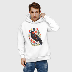 Толстовка оверсайз мужская Ворона в цветах фолк арт, цвет: белый — фото 2