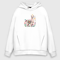 Толстовка оверсайз мужская Лама с сердечками и цветами, цвет: белый