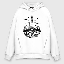 Толстовка оверсайз мужская Нефтяная вышка в горах, цвет: белый