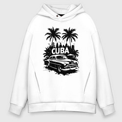 Толстовка оверсайз мужская Ретро-Куба пальмы и автомобиль, цвет: белый