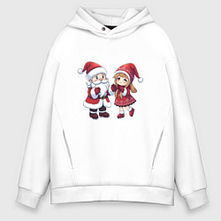 Толстовка оверсайз мужская Мультяшные Дед Мороз и Снегурочка держатся за руки, цвет: белый