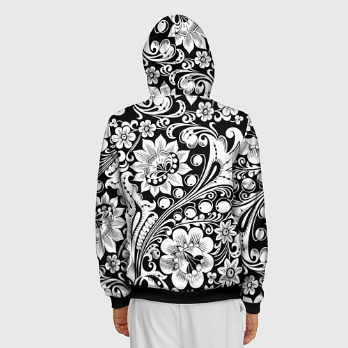 Мужская толстовка на молнии Хохлома черно-белая / 3D-Черный – фото 4