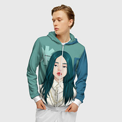 Толстовка 3D на молнии мужская Billie Eilish: Turquoise Hair, цвет: 3D-белый — фото 2