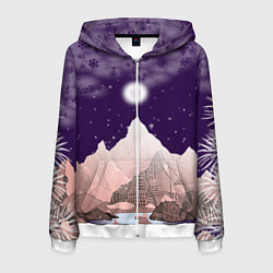 Толстовка 3D на молнии мужская Зимнее лунное небо в горах со снегопадом, цвет: 3D-белый