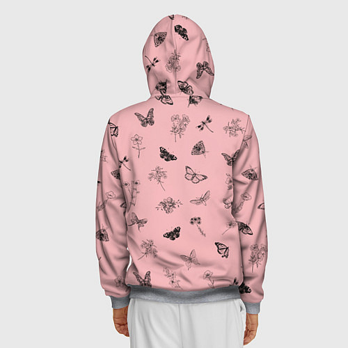 Мужская толстовка на молнии Цветочки и бабочки на розовом фоне / 3D-Меланж – фото 4