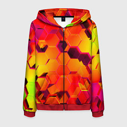 Толстовка 3D на молнии мужская НЕОНОВЫЕ ГРАДИЕНТНЫЕ 3D гексаэдры, цвет: 3D-красный