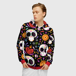 Толстовка 3D на молнии мужская Веселые черепа в цветах, цвет: 3D-красный — фото 2