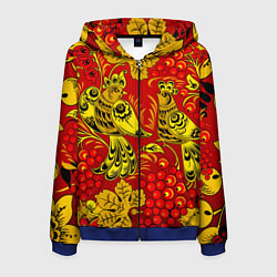 Толстовка 3D на молнии мужская Хохломская Роспись Две Птици На Красном Фоне, цвет: 3D-синий