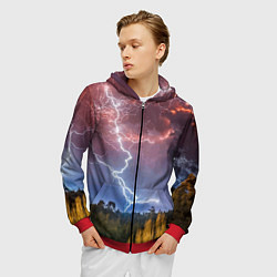 Толстовка 3D на молнии мужская Грозовые разряды молний над лесом, цвет: 3D-красный — фото 2