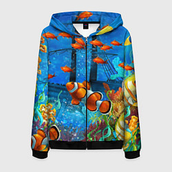 Толстовка 3D на молнии мужская Затонувший корабль в окружении обитателей океана, цвет: 3D-черный