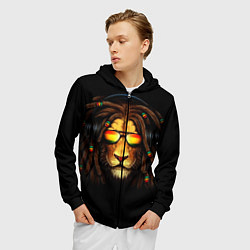 Толстовка 3D на молнии мужская Лев в наушниках с дредами, цвет: 3D-черный — фото 2