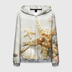 Толстовка 3D на молнии мужская Морские звёзды и ракушки на океанском берегу, цвет: 3D-меланж