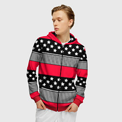 Толстовка 3D на молнии мужская Red and black pattern with stripes and stars, цвет: 3D-красный — фото 2