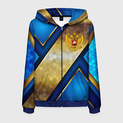 Толстовка 3D на молнии мужская Золотой герб России на синем объемном фоне, цвет: 3D-синий