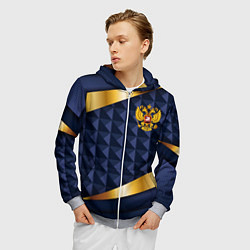 Толстовка 3D на молнии мужская Золотой герб России на объемном синим фоне, цвет: 3D-меланж — фото 2