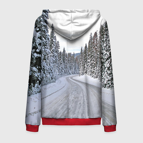 Мужская толстовка на молнии BMW - зимняя дорога через лес / 3D-Красный – фото 2