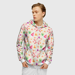 Толстовка 3D на молнии мужская Новогодние звезды и шарики, цвет: 3D-белый — фото 2