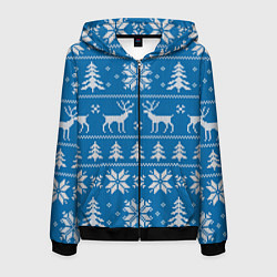 Толстовка 3D на молнии мужская Рождественский синий свитер с оленями, цвет: 3D-черный