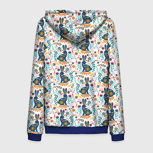 Мужская толстовка на молнии Новогодний паттерн - Кролики и веточки / 3D-Синий – фото 2