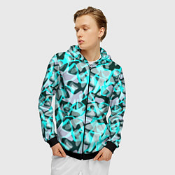 Толстовка 3D на молнии мужская Пятнистый абстрактный узор серый с бирюзовыми лини, цвет: 3D-черный — фото 2