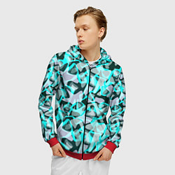 Толстовка 3D на молнии мужская Пятнистый абстрактный узор серый с бирюзовыми лини, цвет: 3D-красный — фото 2