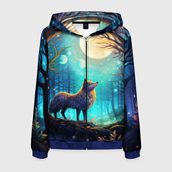 Толстовка 3D на молнии мужская Волк в ночном лесу в folk art стиле, цвет: 3D-синий