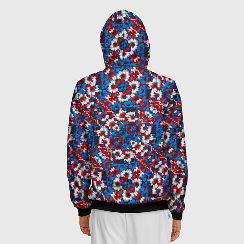 Мужская толстовка на молнии Красно-сине-белые цветы / 3D-Черный – фото 4