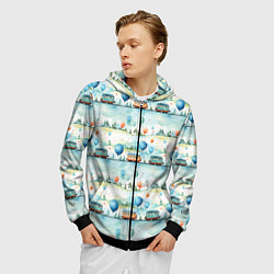 Толстовка 3D на молнии мужская Трамвайчики и воздушные шары - авральный паттерн, цвет: 3D-черный — фото 2