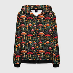 Толстовка 3D на молнии мужская Сказочные грибы мухоморы паттерн, цвет: 3D-черный