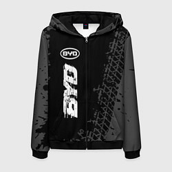 Мужская толстовка на молнии BYD speed на темном фоне со следами шин: по-вертик