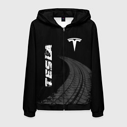 Толстовка 3D на молнии мужская Tesla speed на темном фоне со следами шин вертикал, цвет: 3D-черный