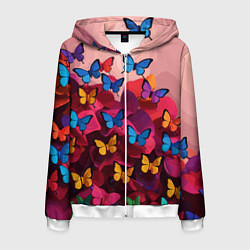 Толстовка 3D на молнии мужская Разноцветные бабочки - розовые цветы, цвет: 3D-белый