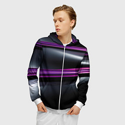 Толстовка 3D на молнии мужская Фиолетовые полосы на черном фоне, цвет: 3D-белый — фото 2