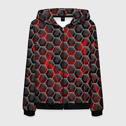 Толстовка 3D на молнии мужская Красные узоры шестиугольник, цвет: 3D-черный