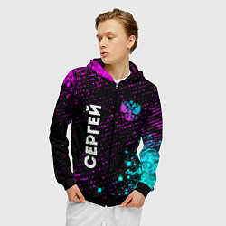 Толстовка 3D на молнии мужская Сергей и неоновый герб России вертикально, цвет: 3D-черный — фото 2